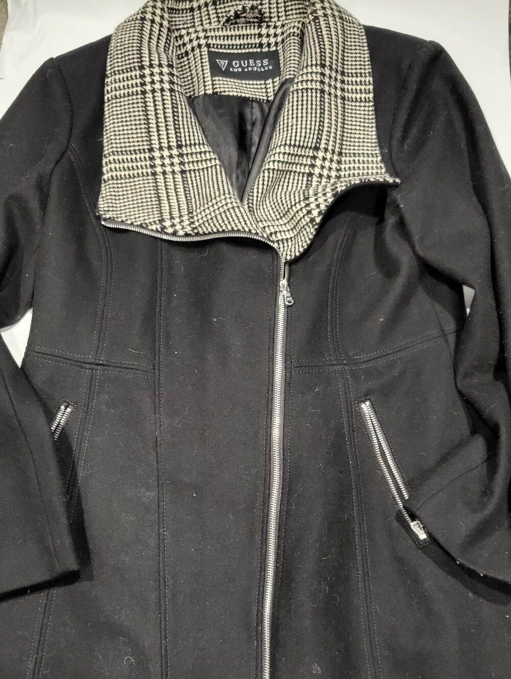 GUESS Black Pea Coat with Plaid Contrast Collar